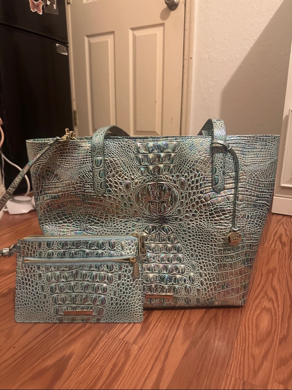 Brahmin Iridescent Teal Croc-Embossed Tote with Wristlet